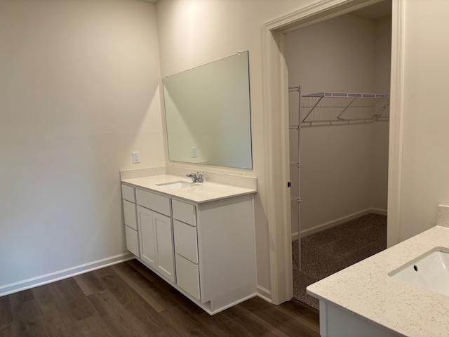 2280 Elderberry Ct, Wonder Lake, IL 60097 - bathroom featuring vanity, wood finished floors, a walk in closet, and baseboards