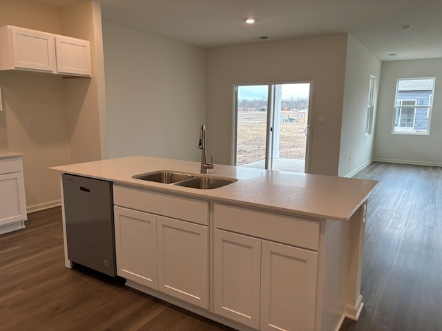 2280 Elderberry Ct, Wonder Lake, IL 60097 - kitchen with stainless steel dishwasher, a sink, dark wood-type flooring, white cabinets, and recessed lighting