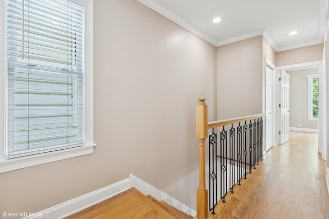 1513 W Highland Ave, Chicago, IL 60660 - corridor with an upstairs landing, light wood-style floors, ornamental molding, and recessed lighting