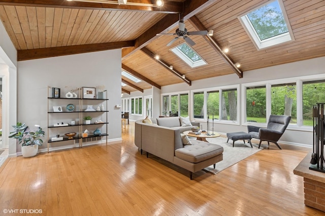 1543 Shawnee Trl, Riverwoods, IL 60015 - living room featuring a skylight, a wood ceiling with exposed beams, light wood finished floors, a ceiling fan, and high vaulted ceiling