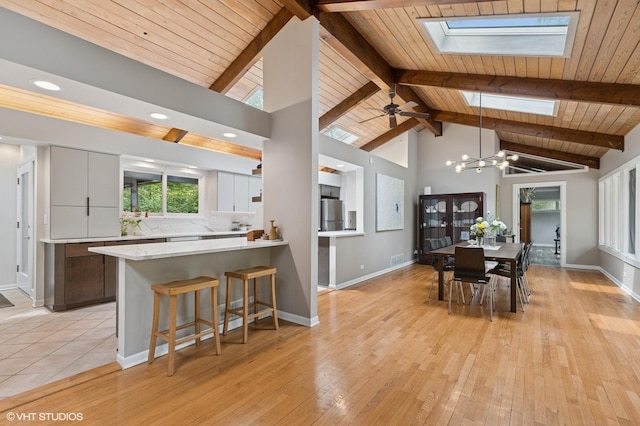 1543 Shawnee Trl, Riverwoods, IL 60015 - dining area featuring a skylight, light wood-style floors, a wooden ceiling with exposed beams, a chandelier, and high vaulted ceiling