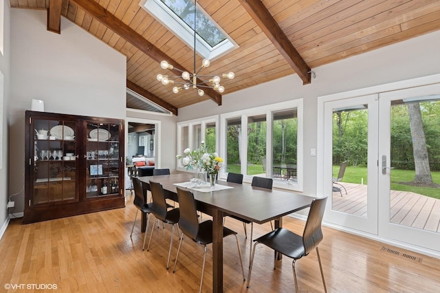 1543 Shawnee Trl, Riverwoods, IL 60015 - dining area featuring a chandelier, a skylight, a wood ceiling with exposed beams, light wood finished floors, and french doors
