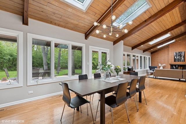 1543 Shawnee Trl, Riverwoods, IL 60015 - dining space with a skylight, a chandelier, light wood-style flooring, wooden ceiling, and french doors