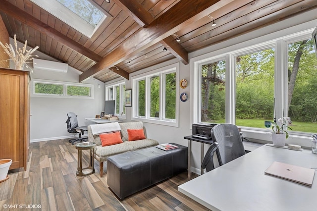 1543 Shawnee Trl, Riverwoods, IL 60015 - office featuring a skylight, wood finished floors, an AC wall unit, and wood ceiling