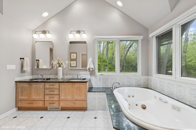 1543 Shawnee Trl, Riverwoods, IL 60015 - full bath with vaulted ceiling, double vanity, a whirlpool tub, tile patterned floors, and recessed lighting