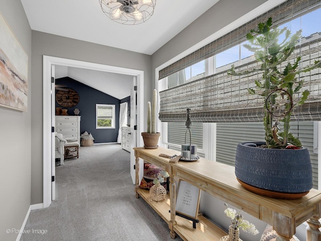 1016 Hummingbird Way, Bartlett, IL 60103 - corridor with carpet floors, vaulted ceiling, baseboards, and a chandelier