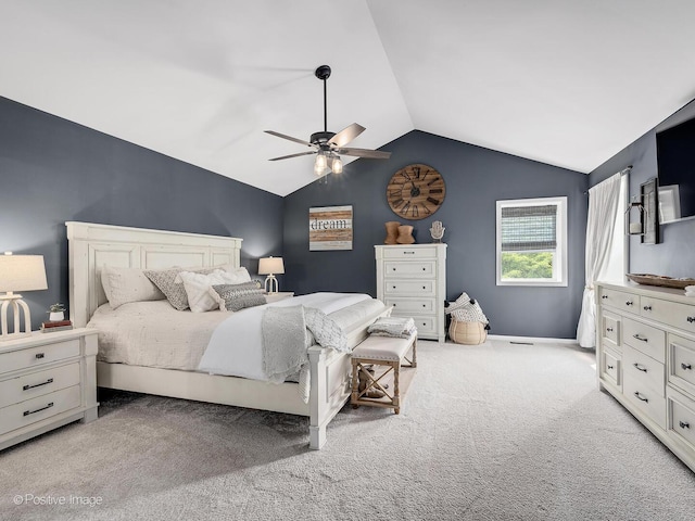 1016 Hummingbird Way, Bartlett, IL 60103 - bedroom featuring vaulted ceiling, light colored carpet, a ceiling fan, and baseboards