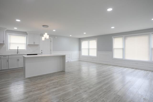 615 E 101st Pl, Chicago, IL 60628 - kitchen with a sink, a center island, wainscoting, light countertops, and healthy amount of natural light