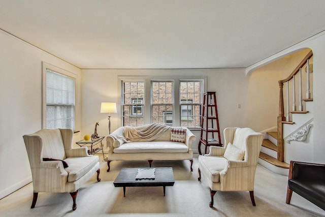 10752 S Washtenaw Ave, Chicago, IL 60655 - carpeted living room featuring stairs and baseboards