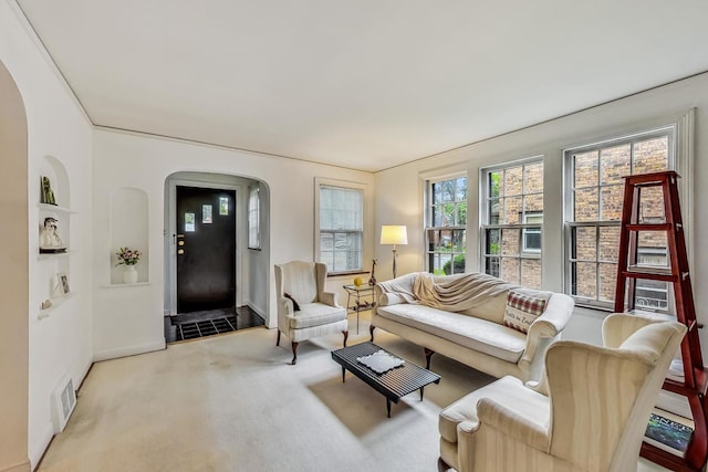 10752 S Washtenaw Ave, Chicago, IL 60655 - living room featuring arched walkways, carpet flooring, and baseboards
