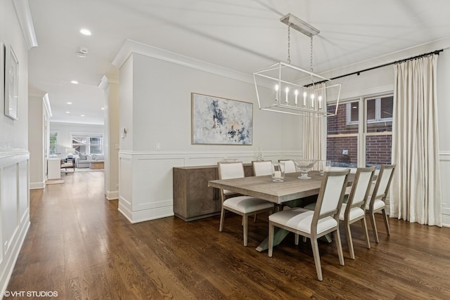 843 W Buckingham Pl Unit 1W, Chicago, IL 60657 - dining room with ornamental molding, dark wood-style floors, a decorative wall, recessed lighting, and a chandelier