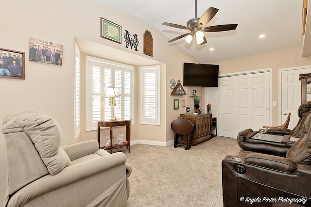 611 Filly Ln, Grayslake, IL 60030 - living room featuring lofted ceiling, carpet floors, a ceiling fan, and recessed lighting