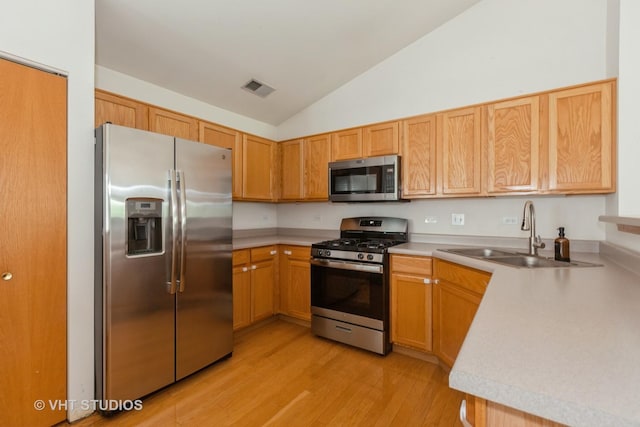 24149 W Pear Tree Cir Unit A, Plainfield, IL 60585 - kitchen with appliances with stainless steel finishes, lofted ceiling, light wood-type flooring, and light countertops