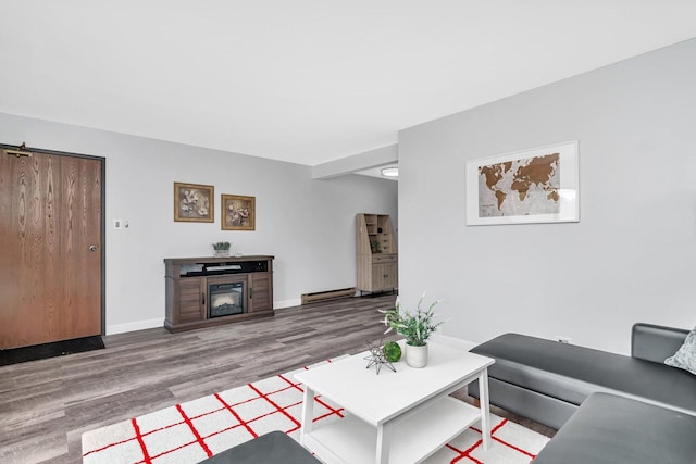 1118 Cedar St Unit 1B, Glendale Heights, IL 60139 - living room featuring wood finished floors, baseboards, a baseboard radiator, a glass covered fireplace, and a barn door