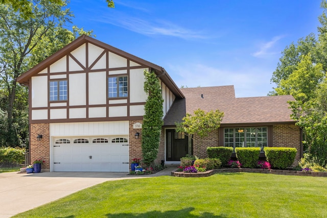 5760 Woodward Ave, Downers Grove, IL 60516 - tudor house with brick siding, concrete driveway, a front yard, an attached garage, and a shingled roof