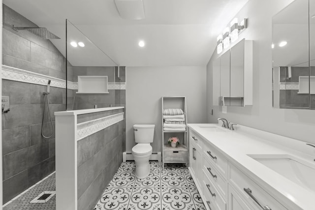 5760 Woodward Ave, Downers Grove, IL 60516 - full bath with double vanity, a walk in shower, recessed lighting, tile patterned flooring, and tile walls