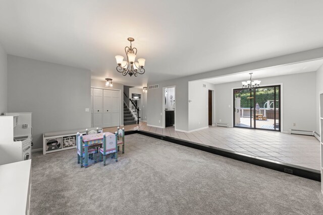 5760 Woodward Ave, Downers Grove, IL 60516 - recreation room with a chandelier, baseboard heating, tile patterned floors, a baseboard radiator, and carpet flooring
