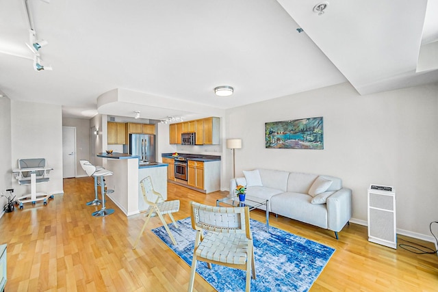1640 Maple Ave Unit 1105, Evanston, IL 60201 - living room featuring rail lighting, light wood finished floors, and baseboards