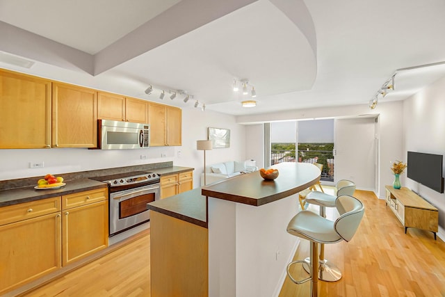 1640 Maple Ave Unit 1105, Evanston, IL 60201 - kitchen featuring rail lighting, appliances with stainless steel finishes, dark countertops, and light wood-style flooring