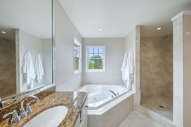 1N183 Stacy Ct, Glen Ellyn, IL 60137 - full bath featuring a tub with jets, vanity, tile patterned floors, a tile shower, and recessed lighting