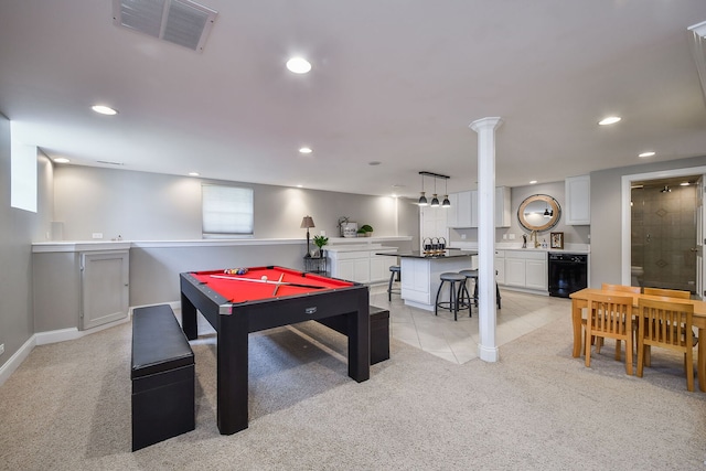 1N183 Stacy Ct, Glen Ellyn, IL 60137 - recreation room with light colored carpet, billiards, wet bar, recessed lighting, and light tile patterned floors
