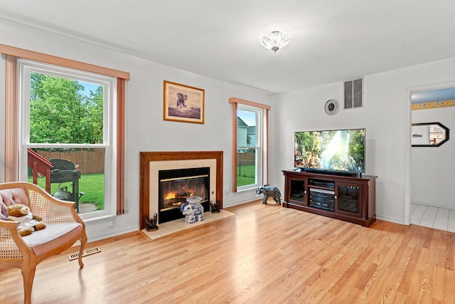 1239 Spring Creek Rd, Elgin, IL 60120 - living area with healthy amount of natural light, wood finished floors, a tiled fireplace, and baseboards