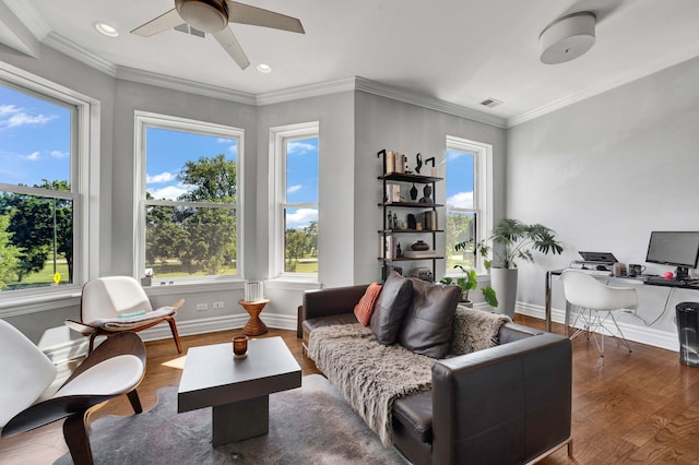 3034 W N Ave Unit 2, Chicago, IL 60647 - living area featuring wood finished floors, an office area, a ceiling fan, baseboards, and crown molding