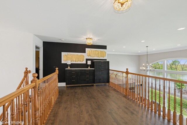 22844 Lakeview Estates Blvd, Frankfort, IL 60423 - hallway with a chandelier, dark wood-style flooring, an upstairs landing, recessed lighting, and crown molding