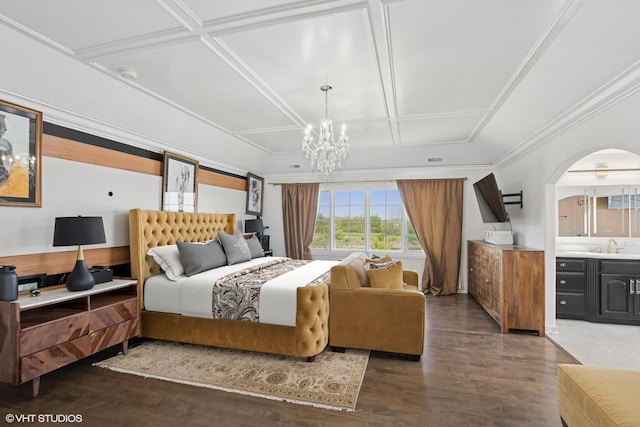 22844 Lakeview Estates Blvd, Frankfort, IL 60423 - bedroom featuring a chandelier, wood finished floors, arched walkways, a sink, and coffered ceiling