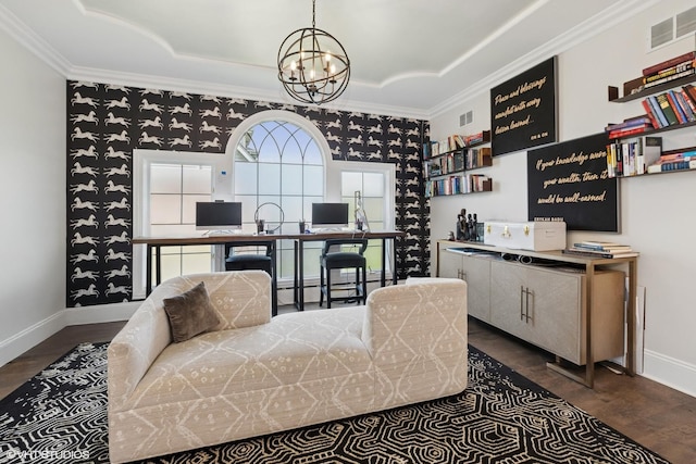 22844 Lakeview Estates Blvd, Frankfort, IL 60423 - bedroom featuring a chandelier, dark wood finished floors, crown molding, an office area, and a tray ceiling