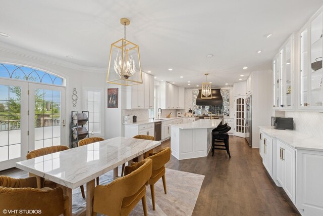 22844 Lakeview Estates Blvd, Frankfort, IL 60423 - dining space with dark wood finished floors, recessed lighting, a chandelier, and crown molding