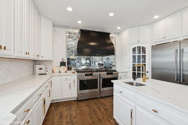 22844 Lakeview Estates Blvd, Frankfort, IL 60423 - kitchen featuring custom exhaust hood, a sink, high end appliances, recessed lighting, and light stone counters