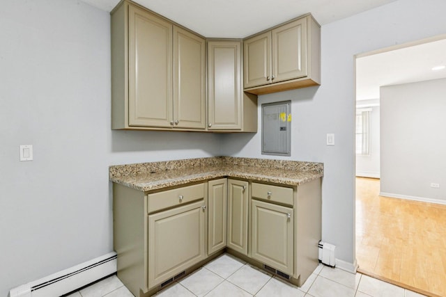 1819 W Touhy Ave Unit 2, Chicago, IL 60626 - kitchen featuring a baseboard radiator, cream cabinets, electric panel, and baseboards