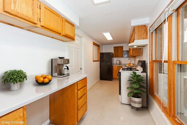 8885 Dryden St, Woodridge, IL 60517 - kitchen with white stove, freestanding refrigerator, light countertops, light floors, and baseboards