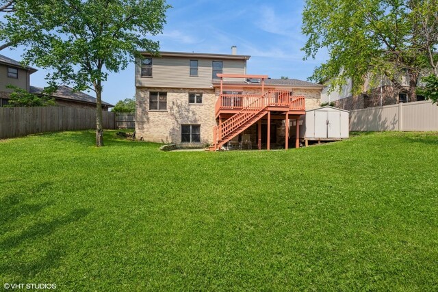 8885 Dryden St, Woodridge, IL 60517 - back of house with stairway, a wooden deck, and brick siding