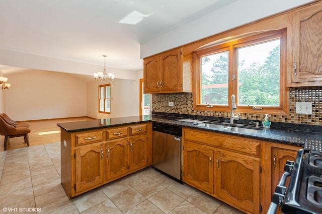 8885 Dryden St, Woodridge, IL 60517 - kitchen featuring stainless steel dishwasher, a chandelier, a sink, brown cabinetry, and a peninsula