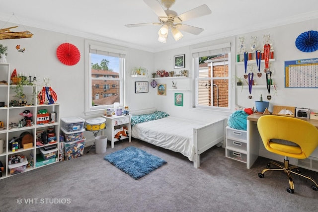 6967 W Wolfram St, Chicago, IL 60634 - bedroom with carpet floors, multiple windows, ornamental molding, and ceiling fan