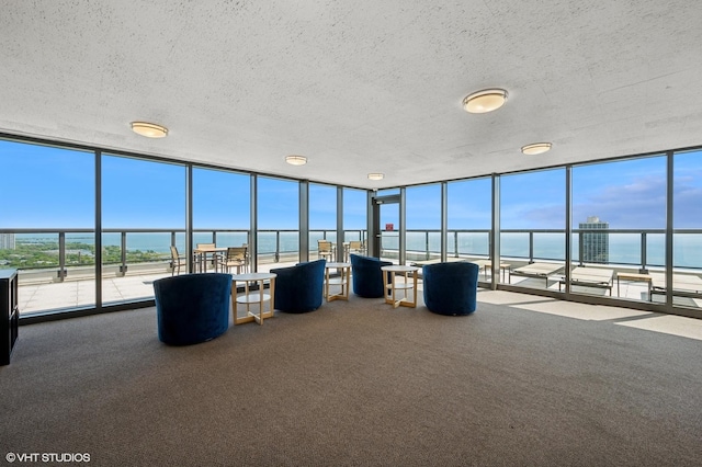 1560 N Sandburg Ter Unit 1605J, Chicago, IL 60610 - sunroom featuring floor to ceiling windows, a textured ceiling, carpet floors, and a water view