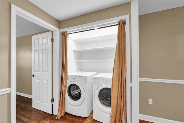 1204 Mayfair Rd, Champaign, IL 61821 - laundry room featuring dark wood finished floors and washing machine and dryer