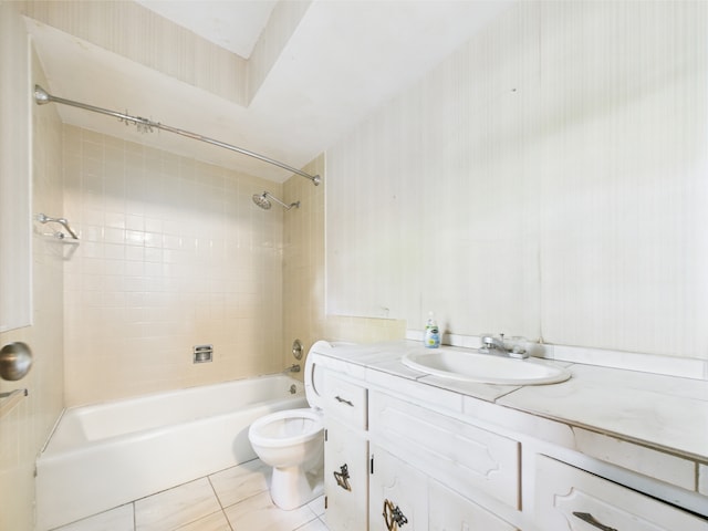 2208 Fiesta Dr, Joliet, IL 60432 - bathroom featuring toilet, tub / shower combination, vanity, wallpapered walls, and tile patterned floors