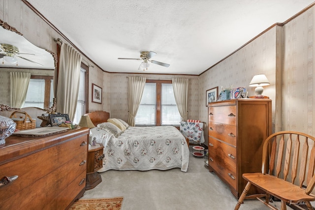 24038 W Oak St, Plainfield, IL 60544 - bedroom featuring multiple windows, carpet floors, ornamental molding, a textured ceiling, and ceiling fan