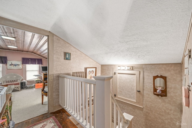 24038 W Oak St, Plainfield, IL 60544 - corridor with vaulted ceiling, an upstairs landing, a textured ceiling, and carpet flooring