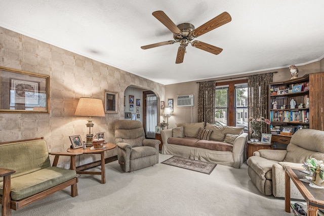 24038 W Oak St, Plainfield, IL 60544 - living area featuring arched walkways, carpet, ceiling fan, and a wall unit AC