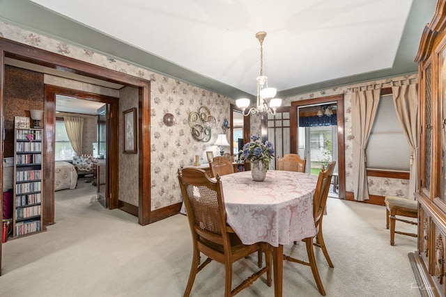 24038 W Oak St, Plainfield, IL 60544 - dining room featuring wallpapered walls, light colored carpet, healthy amount of natural light, a chandelier, and baseboards