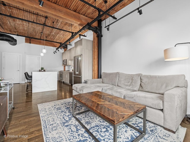1725 W N Ave Unit 204, Chicago, IL 60622 - living area with a high ceiling, dark wood-style flooring, and wood ceiling with exposed beams