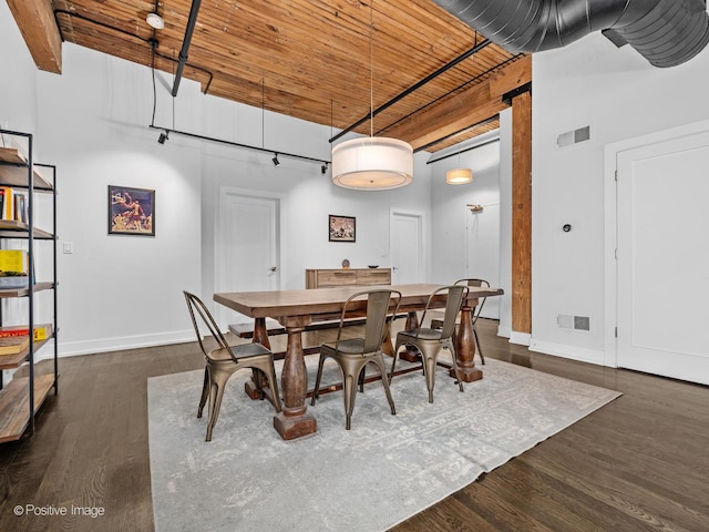 1725 W N Ave Unit 204, Chicago, IL 60622 - dining room with a towering ceiling, wooden ceiling, baseboards, and dark wood-style flooring
