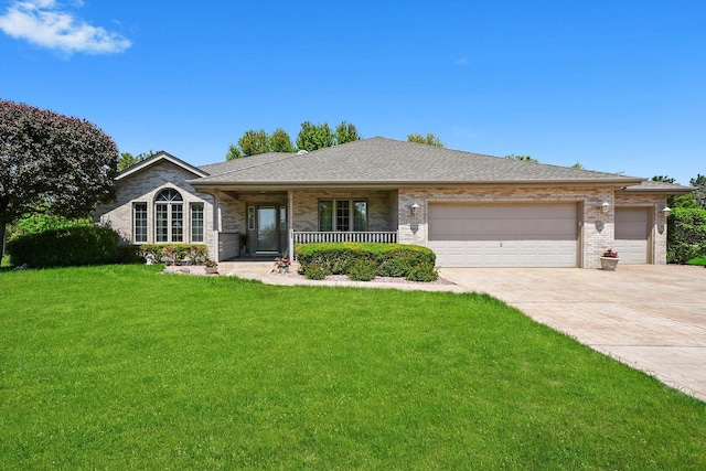 22314 Jeanette Ct, Frankfort, IL 60423 - ranch-style home with an attached garage, driveway, a front lawn, covered porch, and brick siding