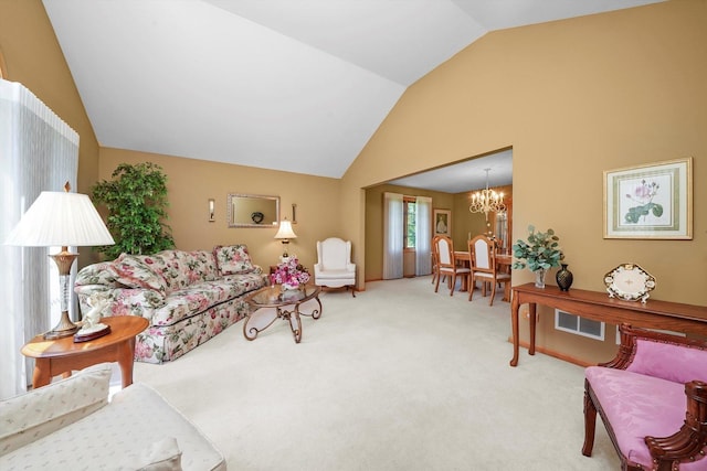 22314 Jeanette Ct, Frankfort, IL 60423 - carpeted living room featuring lofted ceiling and a chandelier