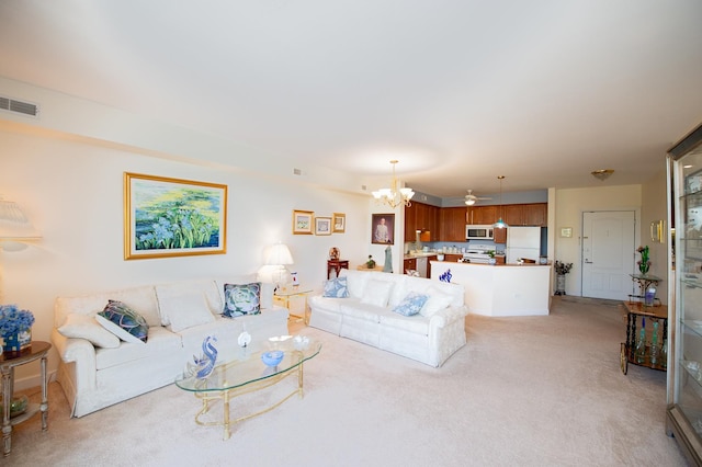 8400 Callie Ave Unit 206, Morton Grove, IL 60053 - living area with light colored carpet, a chandelier, and a ceiling fan