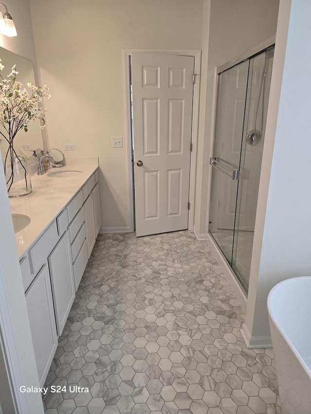 12305 S Prairie Ridge Ln, Plainfield, IL 60585 - full bathroom with a shower stall, a freestanding tub, and double vanity